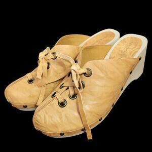 Kelsi Dagger Clogs Tan Leather Lace Up Wedge Wood Heel Mule Slip On Retro Size 9